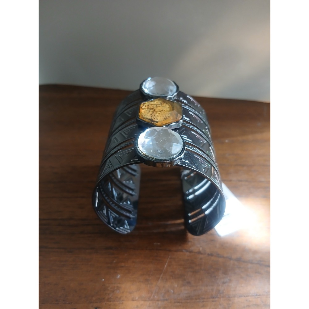 Macy's Gunmetal Tribal Etched Wide Cuff Bracelet Amber Clear Stones NEW